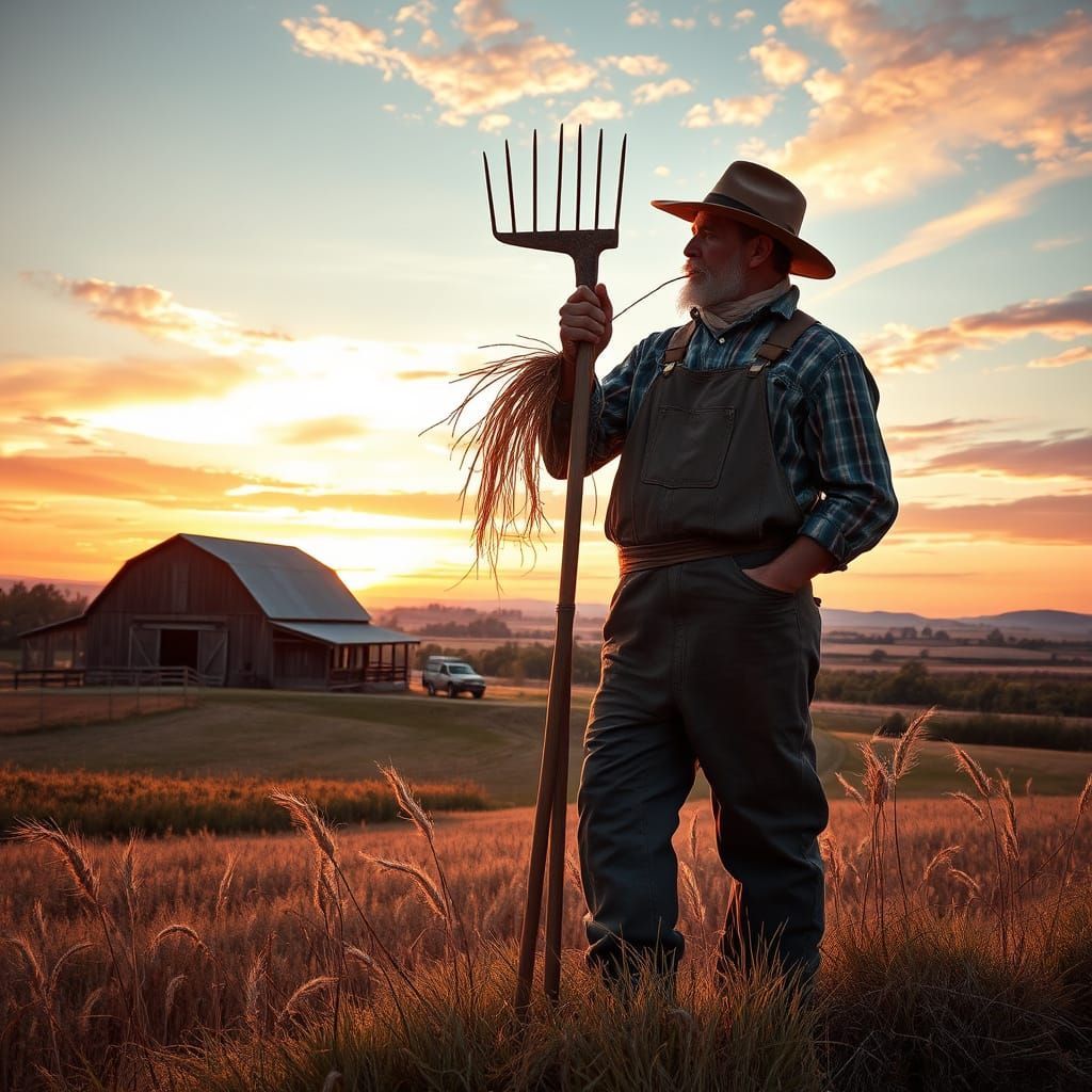 Rugged Farmer Surveys Sunset Landscape in Earth-Toned Overal...
