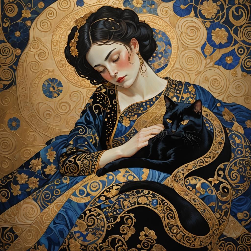 Golden Slumber: A Klimt-Inspired Portrait of Cat and Owner