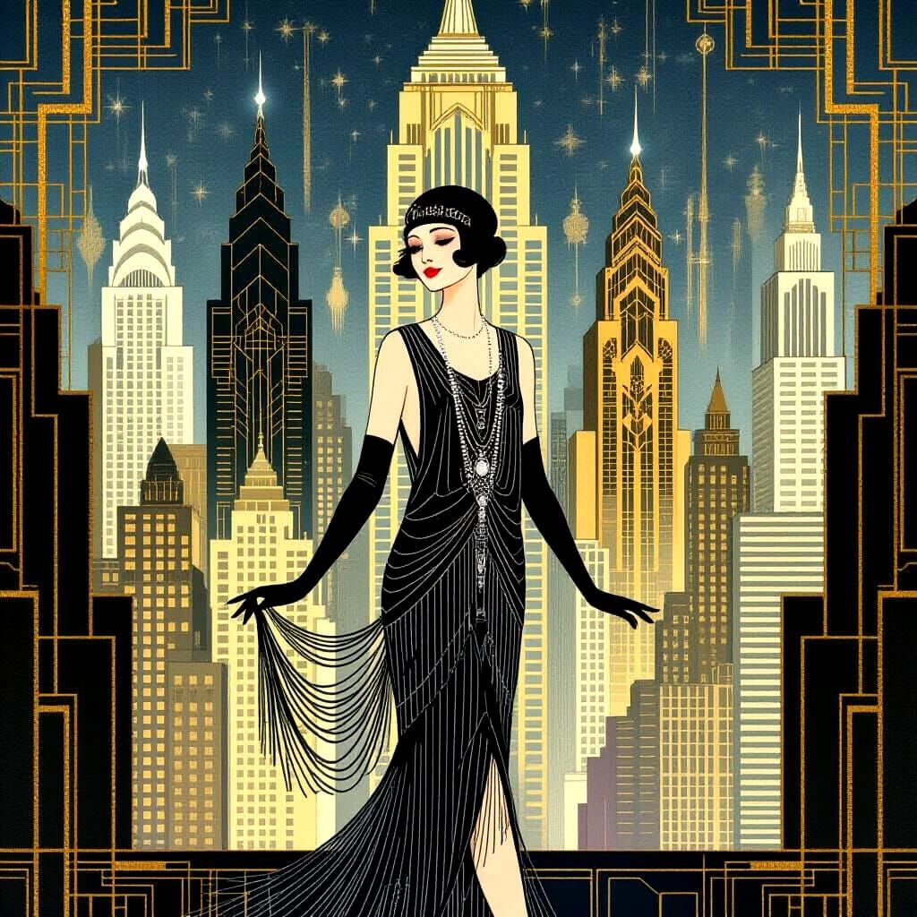 Elegant Art Deco Cityscape With 1920s Flapper Lady