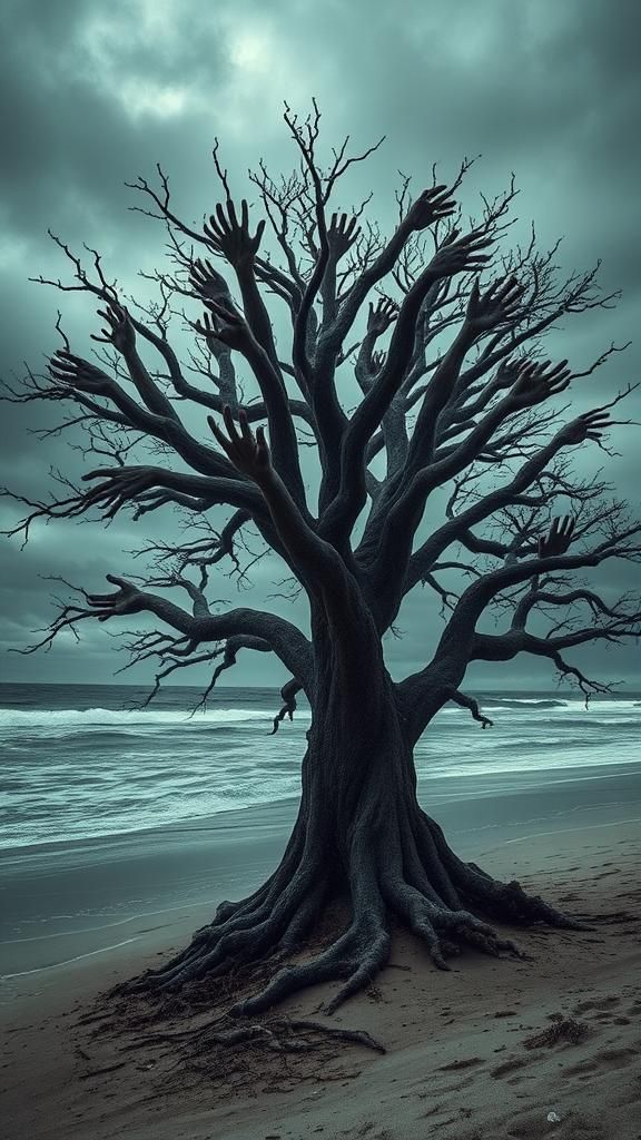 Creepy Beach: Nightmare Tree with Human Hands