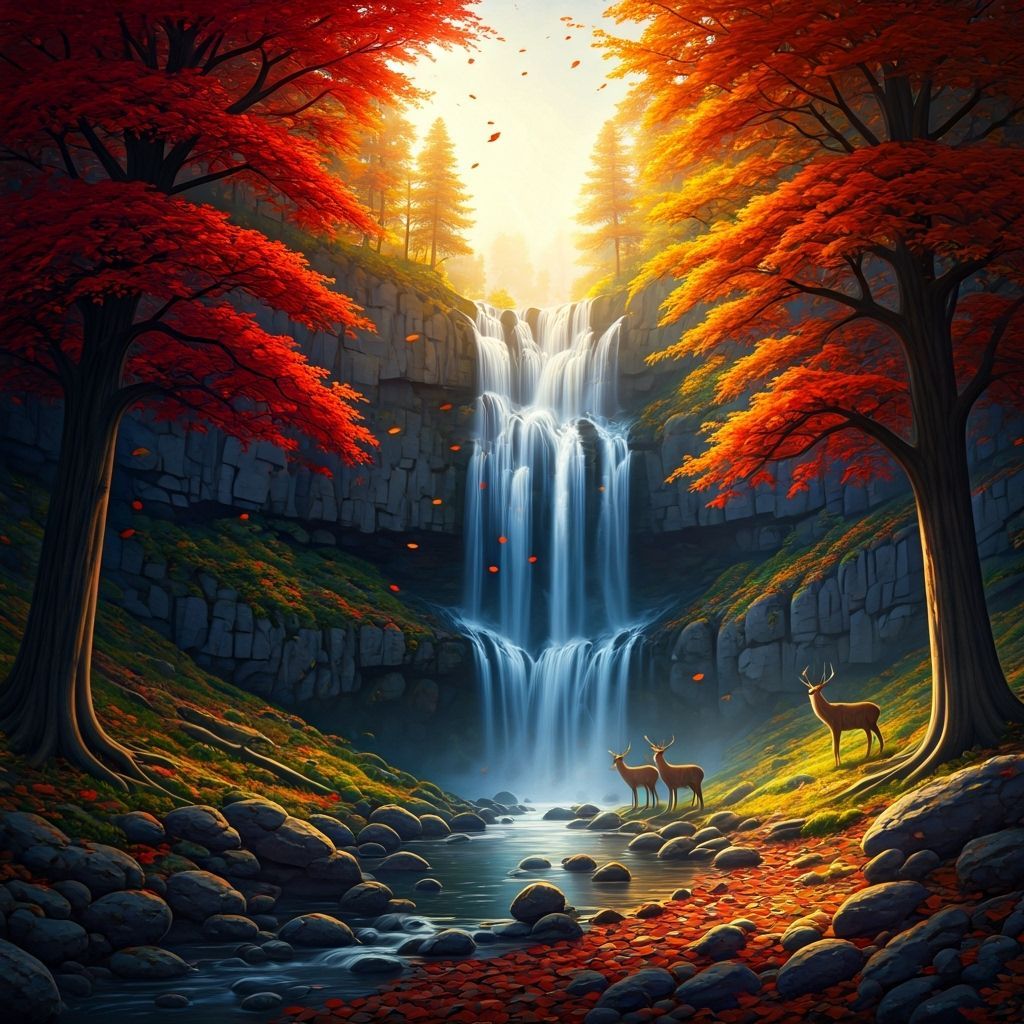 Autumn Waterfall with Deer and Golden Hour Light