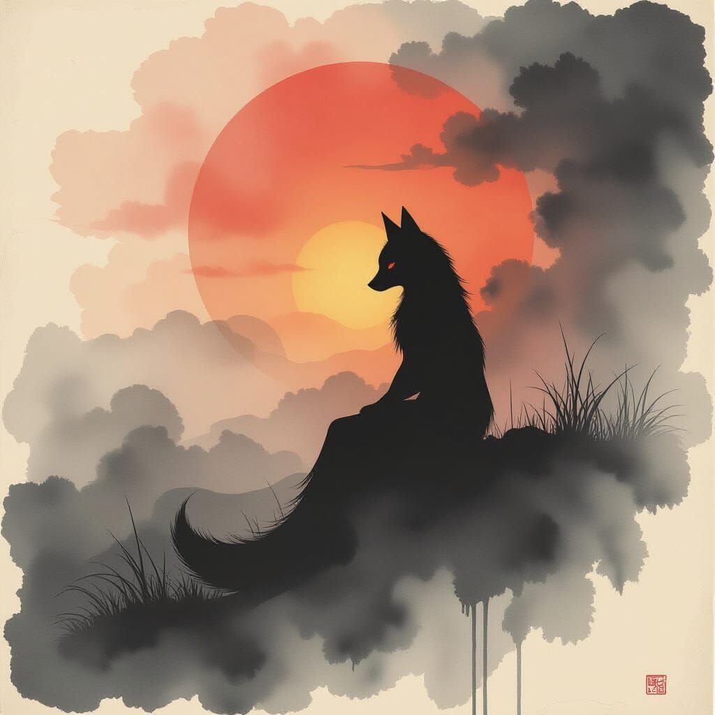 Ethereal Kitsune at Sunset in Ink Wash Style