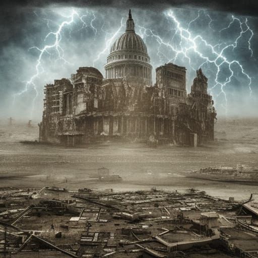 Post-Apocalyptic Urban Desolation Under Stormy Sky