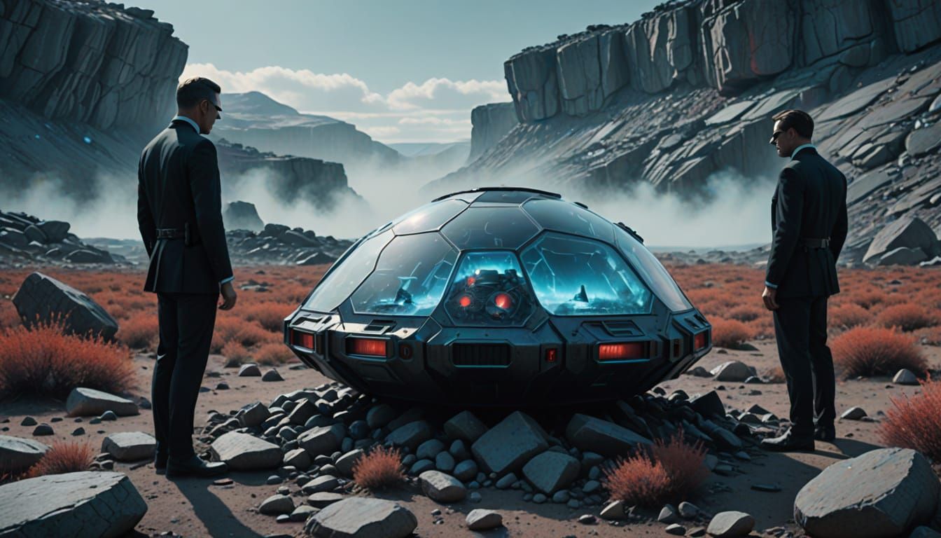 1960s Sci-Fi Noir Painting of MIB Agents Investigating Blast...