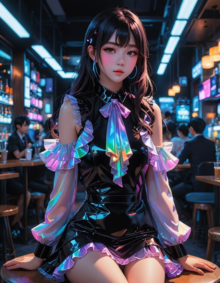 Holographic Anime Figure in Rainbow Watercolor Style