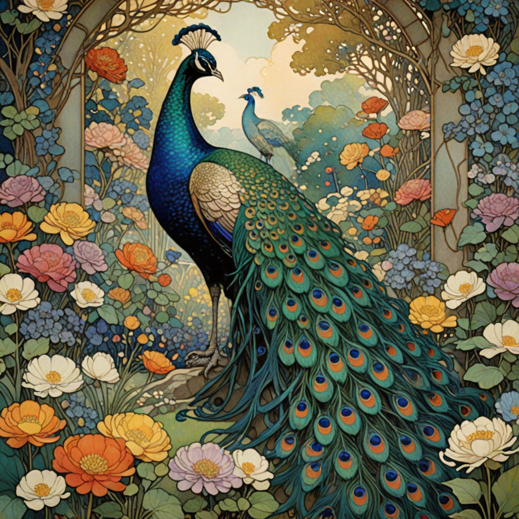 Art Nouveau Peacock Unfurls Vibrant Plumage in Dreamlike Gar...