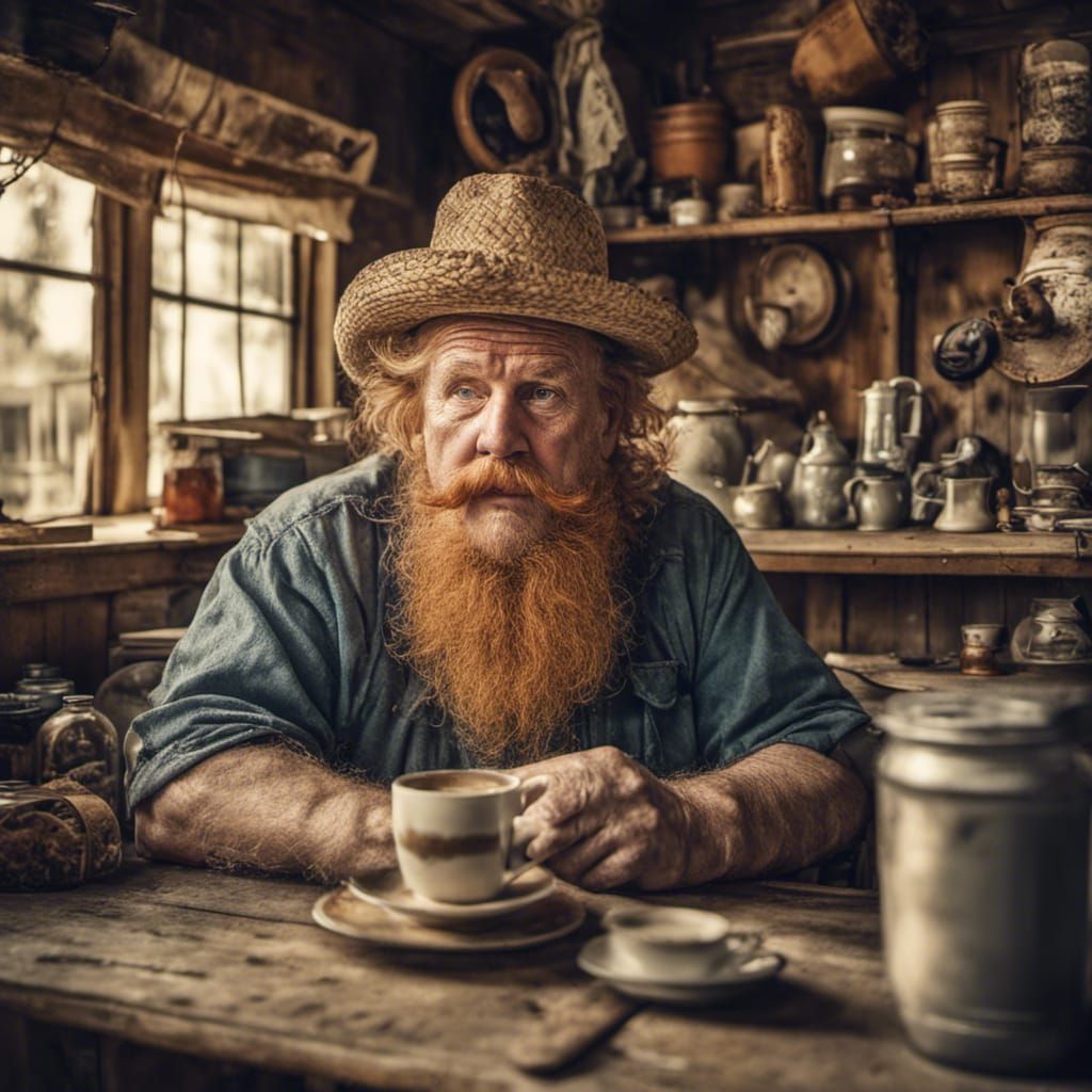 Hyperrealistic Portrait of Elderly Hippie in Country Store