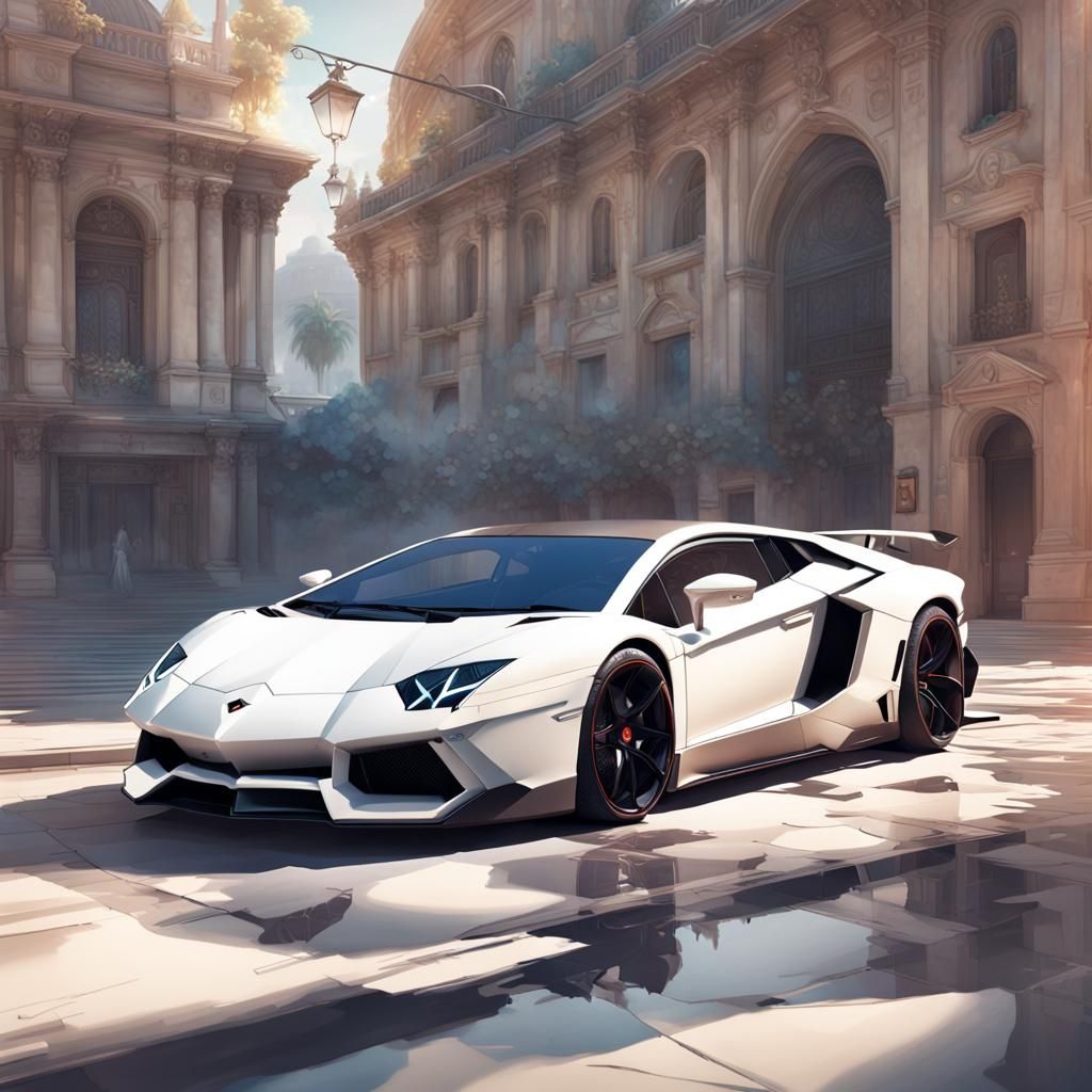 White Lamborghini Aventador Portrait in Hyperdetailed Style