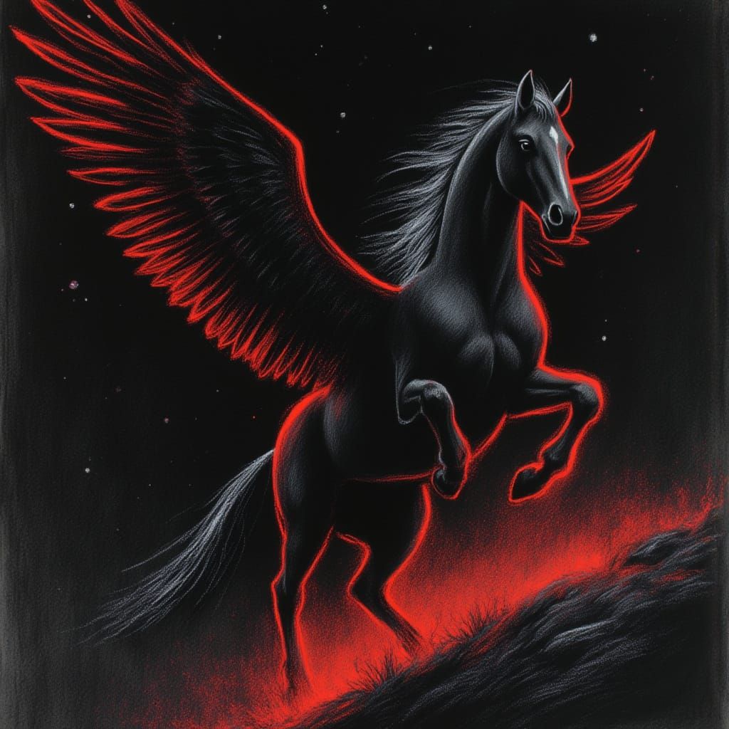 Black Pegasus Galloping Through Starry Sky in Neon Charcoal ...
