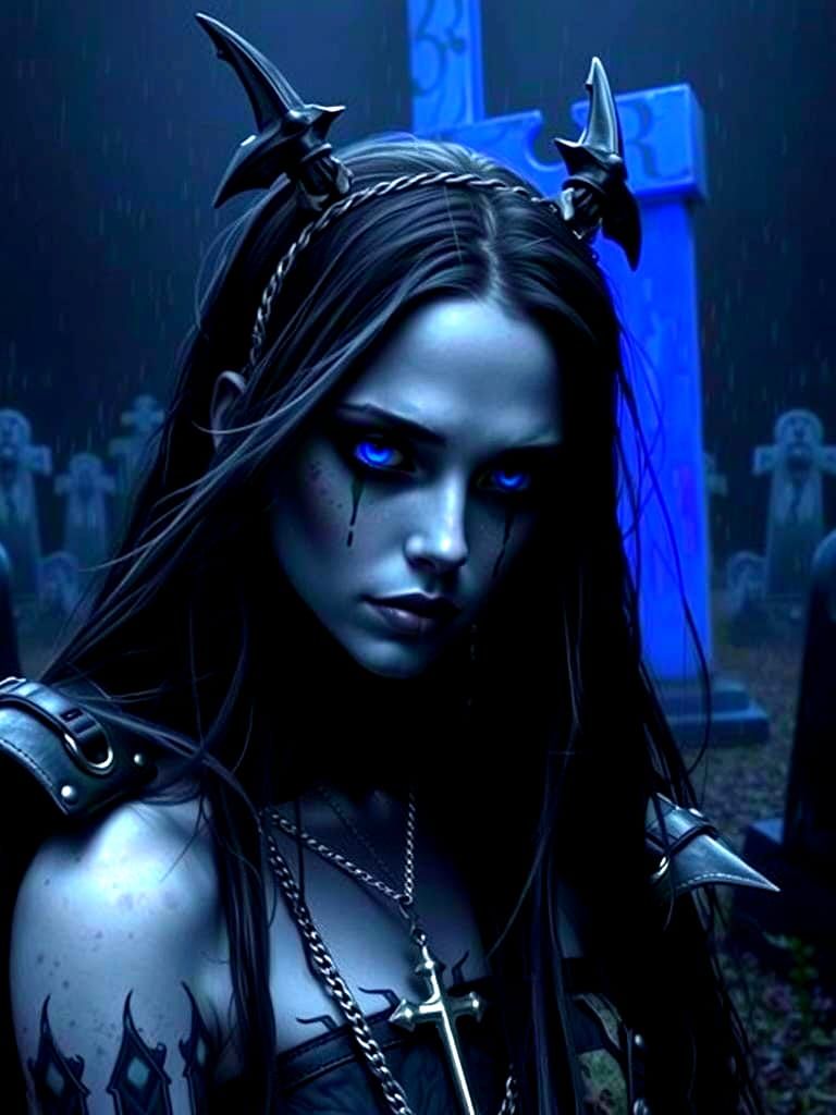 Gothic Woman in Cemetery with Blue Neon Rain