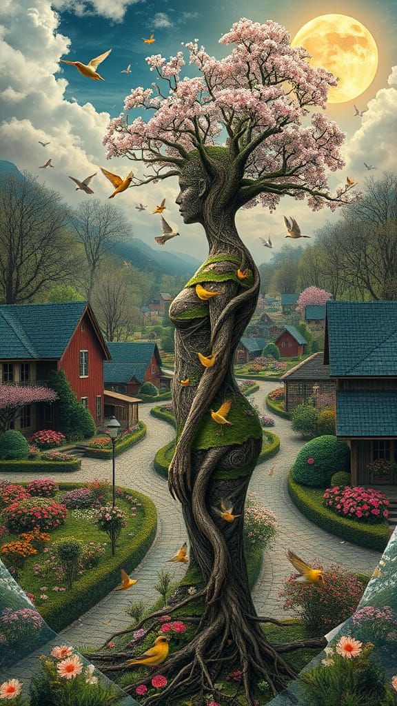 Surreal Goddess of Springtime Blooms in Whimsical Village