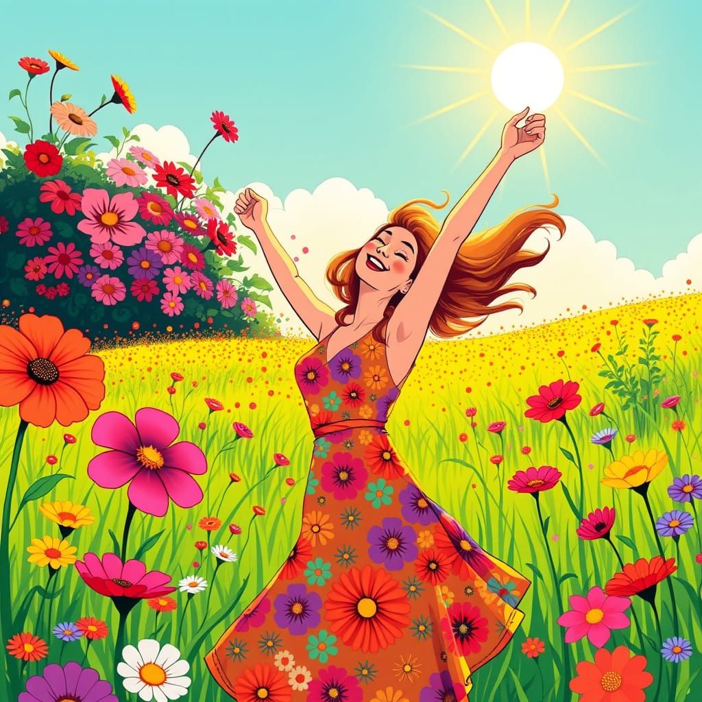 Joyful Woman in Lush Meadow, Pop Art Style