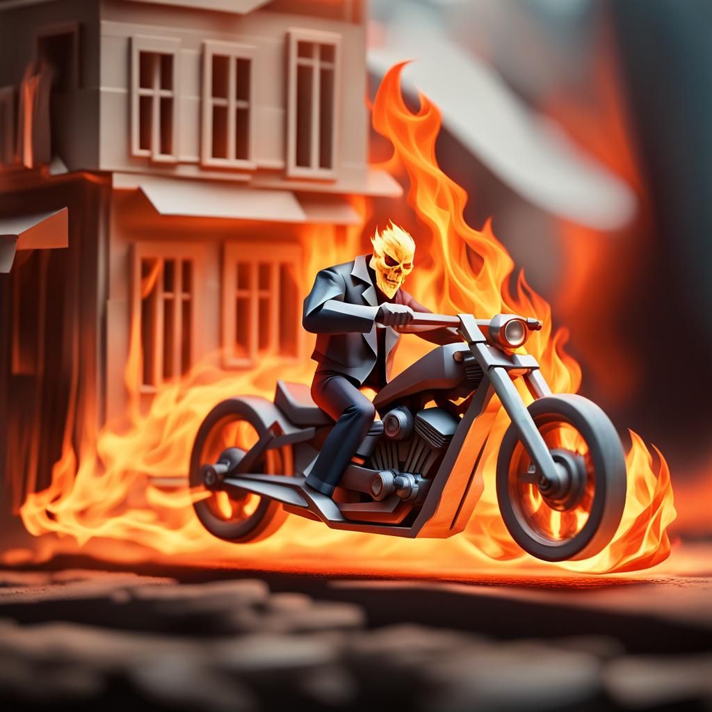 Ghost Rider on Flaming Building, Origami Style