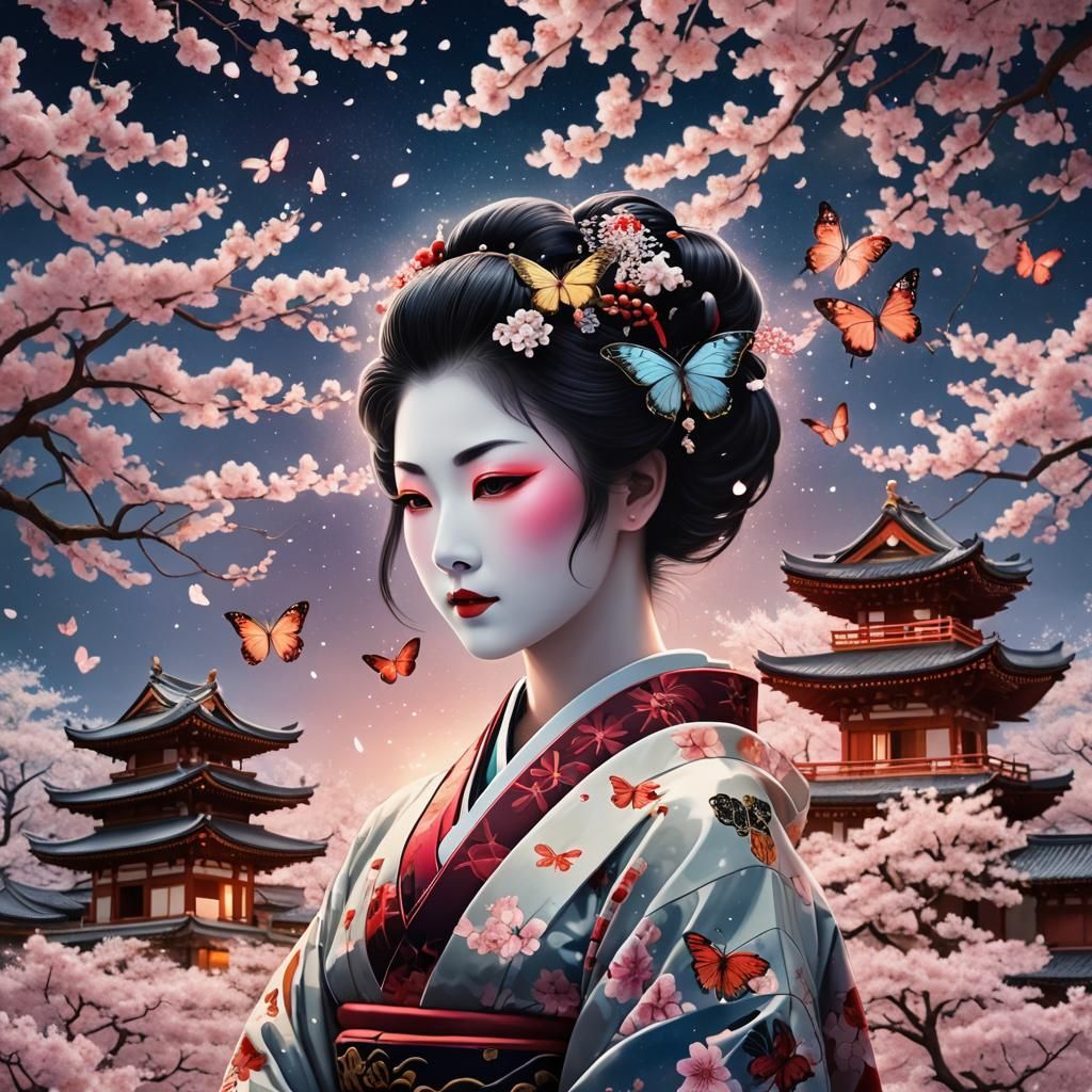 Geisha Nebula Night with Cherry Blossoms