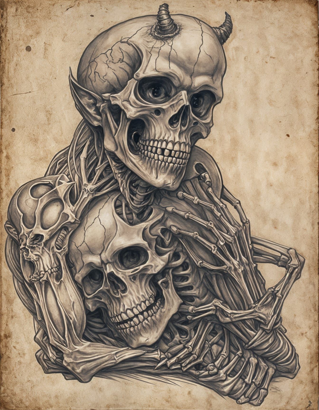 Demon Embraces Skeleton: Dark Fantasy Art