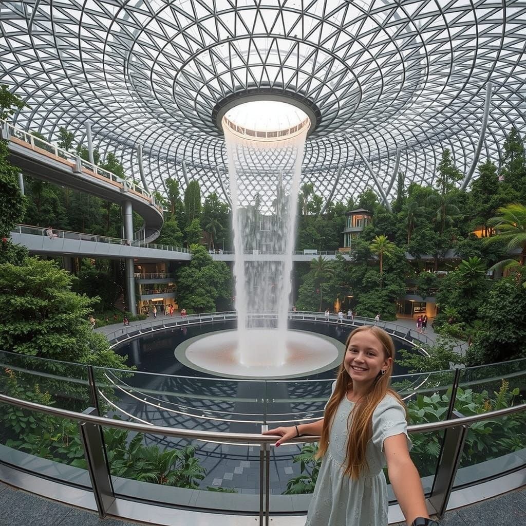 Selfie in front of the Rain Vortex at Jewel Changi Airport i...