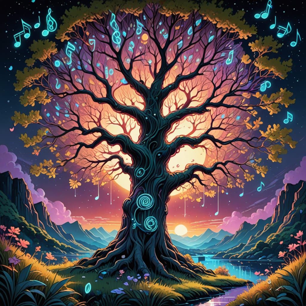 Ethereal Comic Book Art of a Magical Tree in Bloom