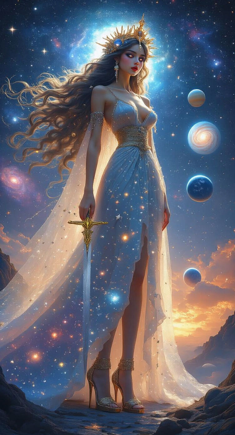 Cosmic Goddess in Starlight Gown, Digital Art
