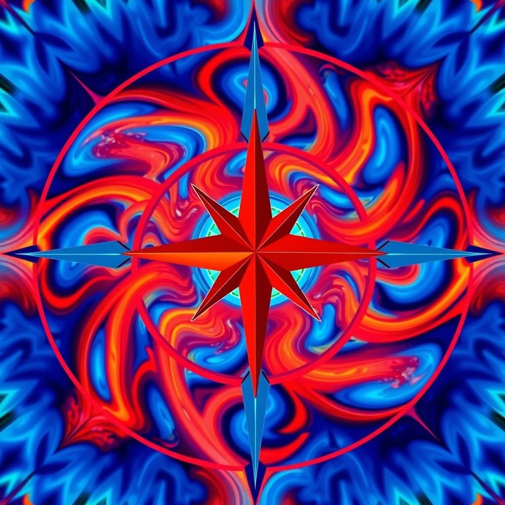 Vibrant Compass Rose in Kaleidoscopic Dreamscape