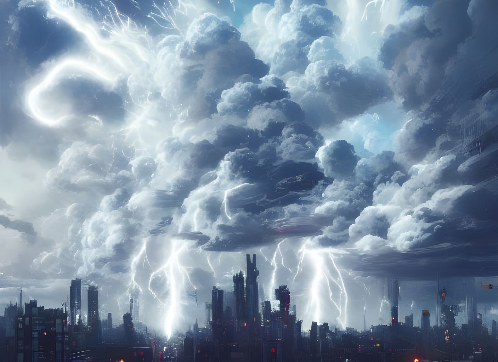 Metropolis Under Electric Storm: Digital Illustration