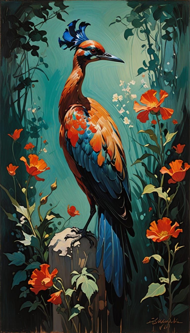 Surreal Fantasy Bird in Vibrant Azure and Crimson Plumage