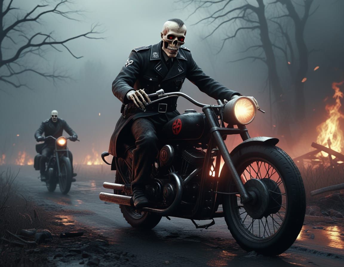 Skeletal Zombie Nazi on Motorcycle in Gothic Horror Style