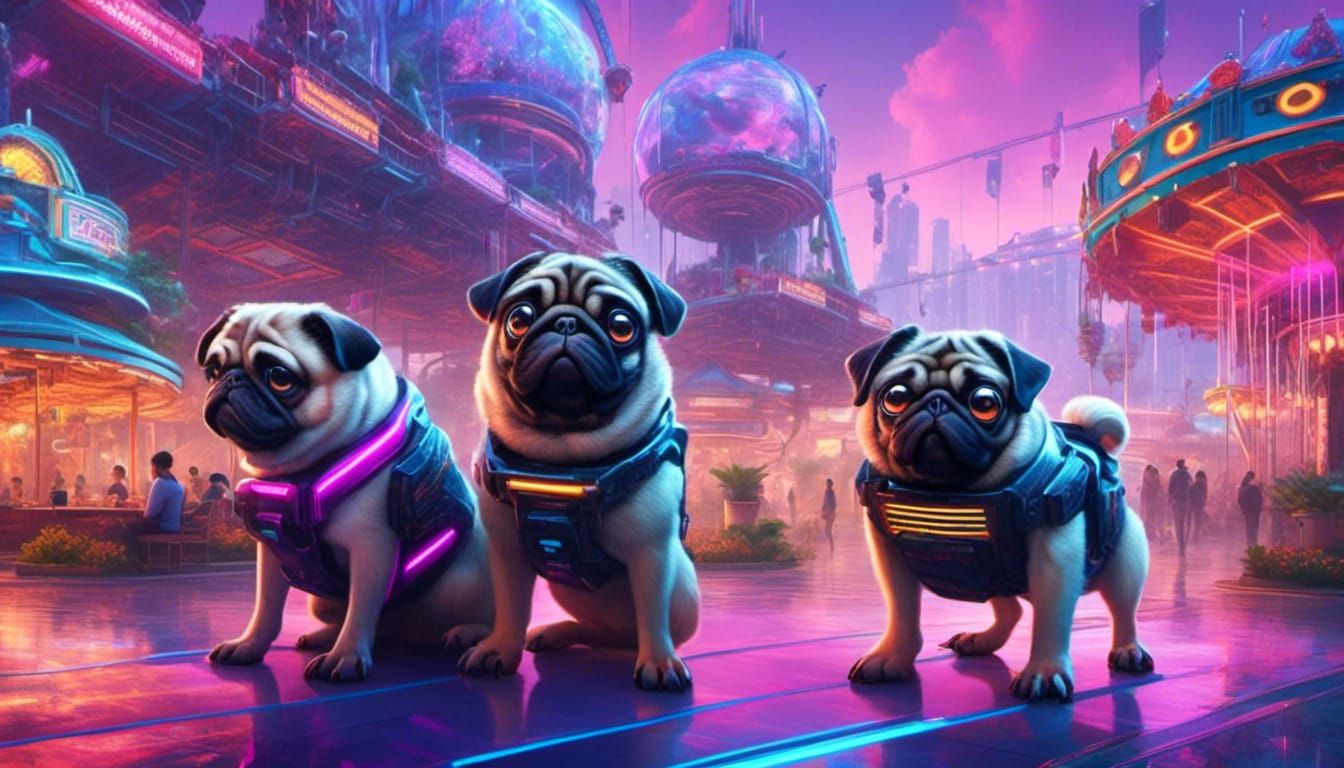 Cyberpunk Amusement Park with Pugs