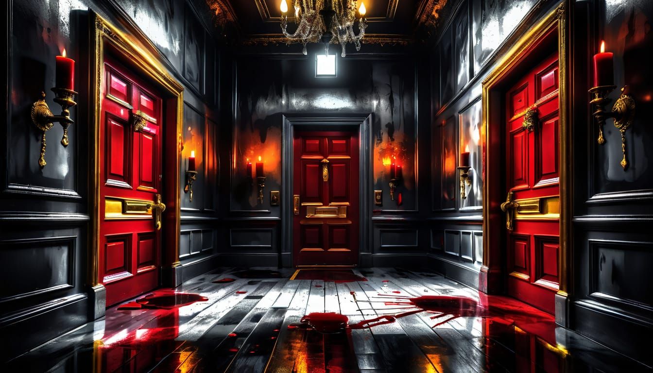 Endless Hallway: Hyperrealistic Digital Art with Golden Acce...