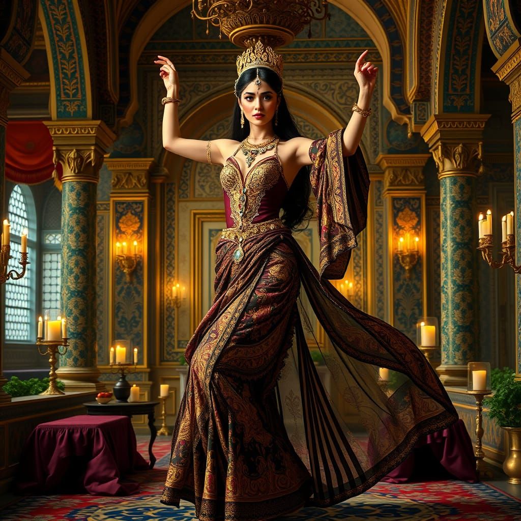 Elegant Oriental Dancer in Opulent Palace Setting