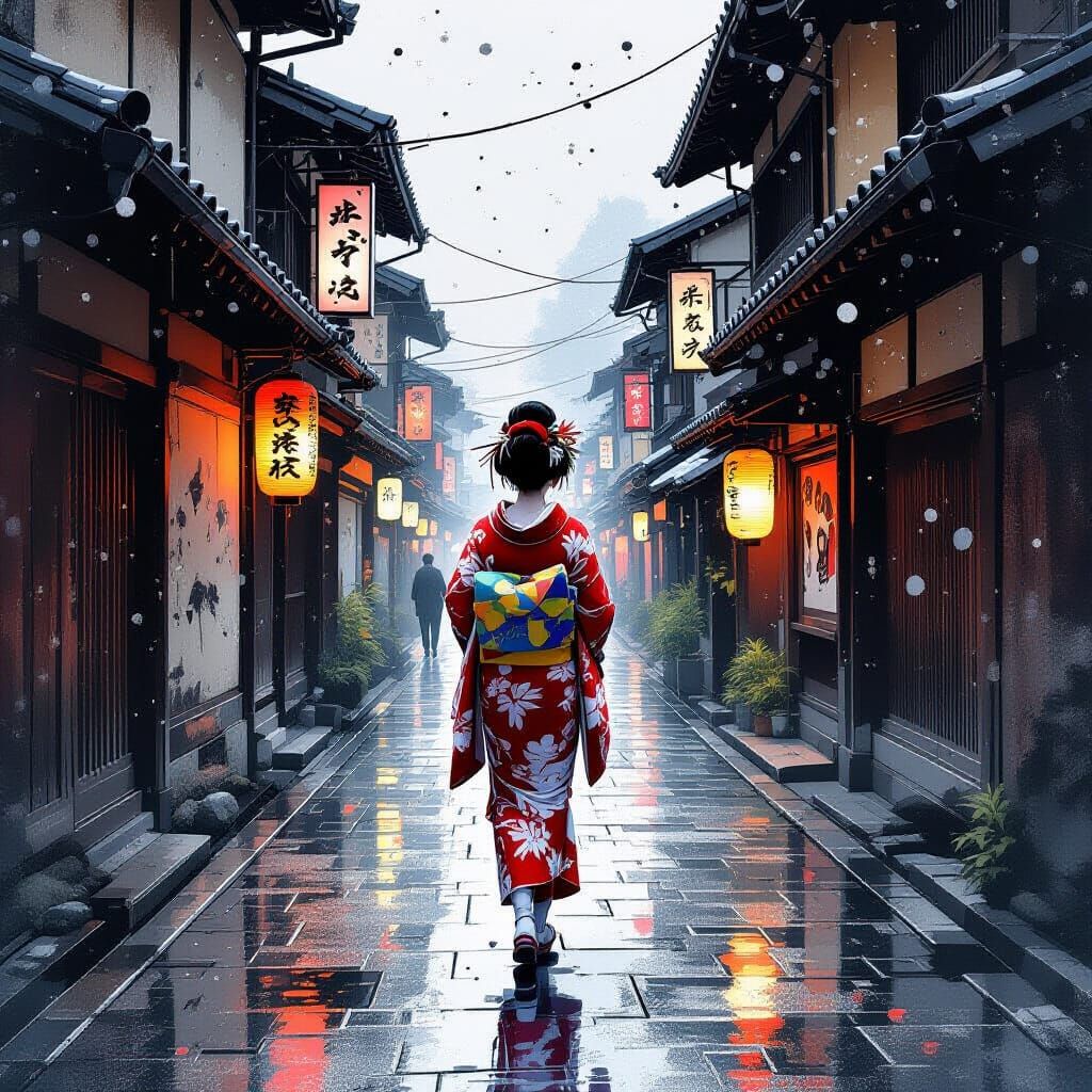 Geisha Walks Kyoto Street: Manhwa Ink Art