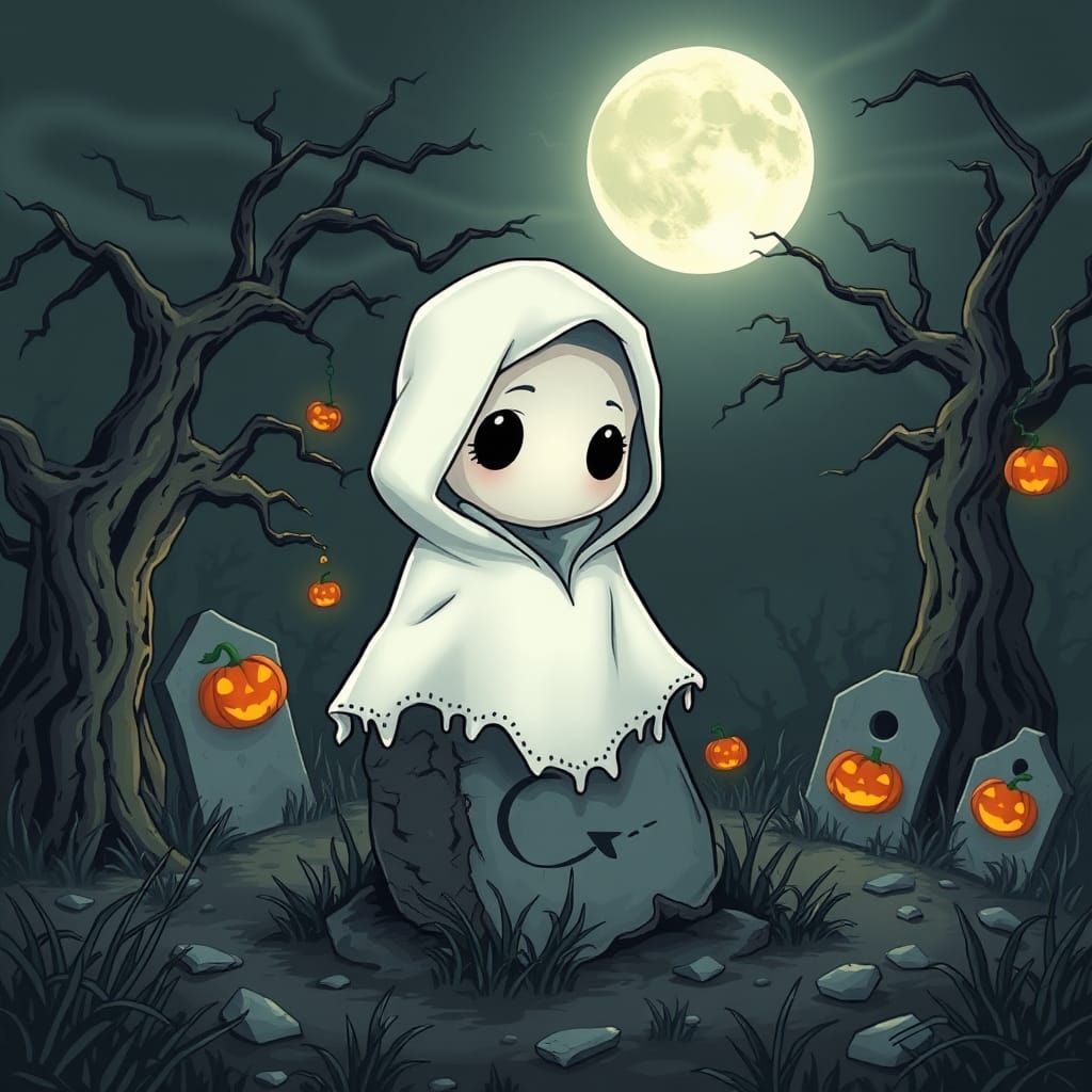 Pastel Chibi Ghost Rising in Spooky Graveyard