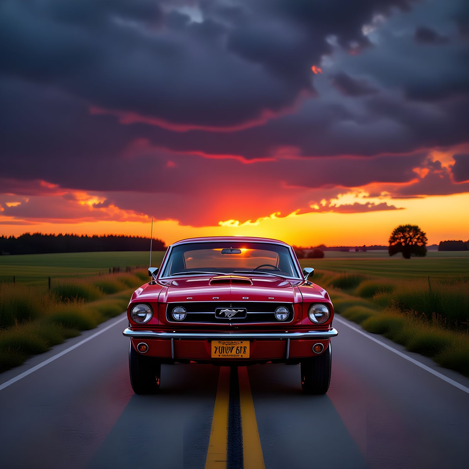 Red Mustang Awaits the Storm in Cinematic Style