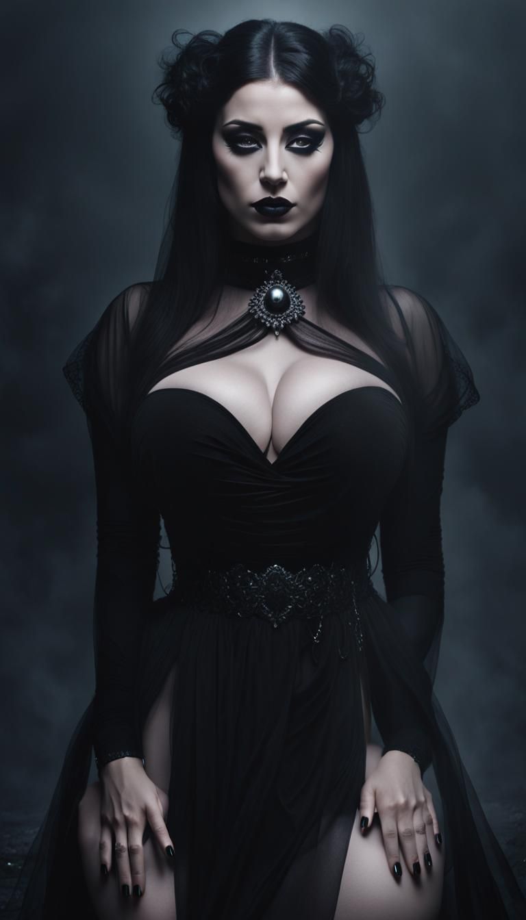 Gothic Woman Kneeling in Dark Fog Void