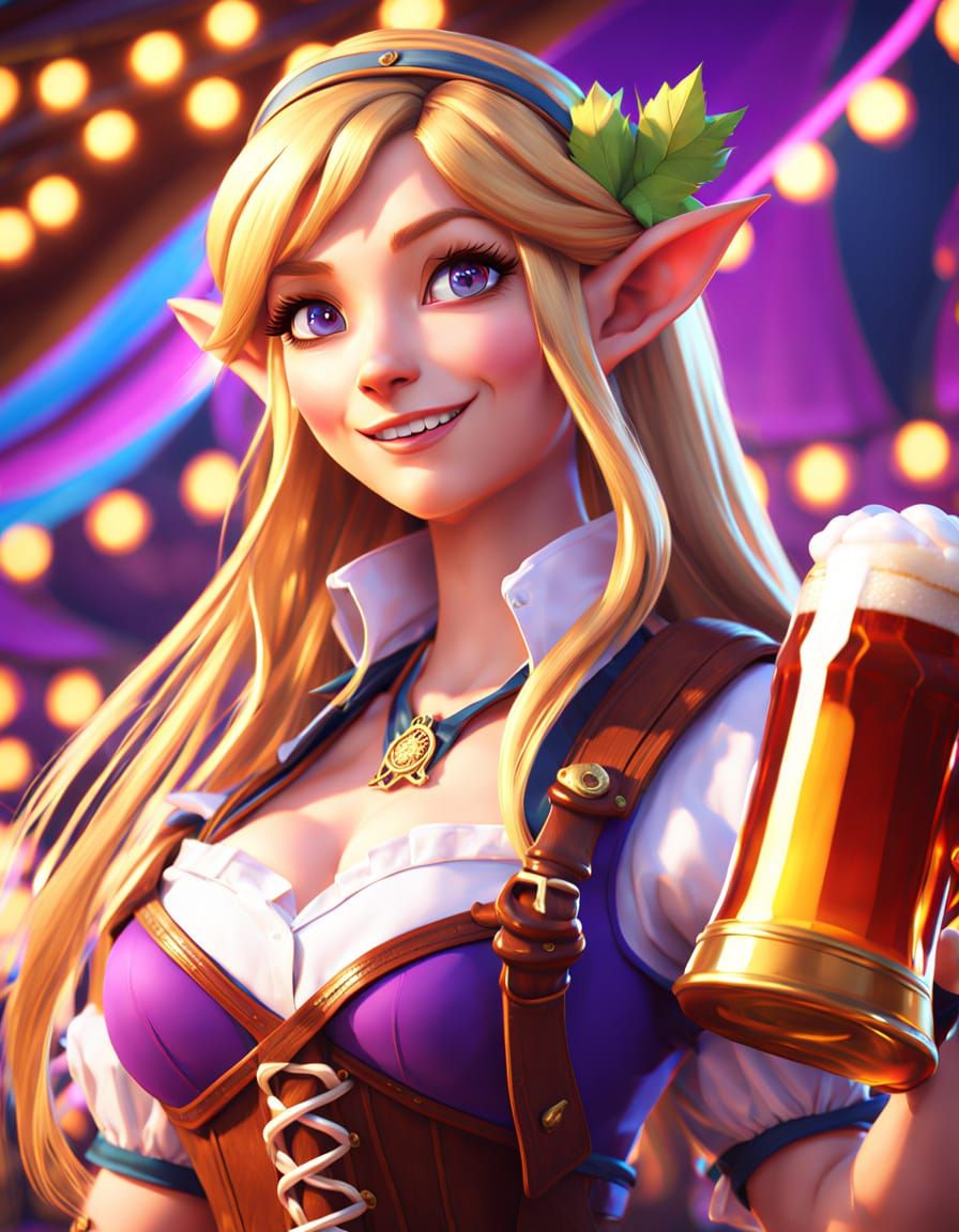 Vibrant Anime Elf Celebrates Oktoberfest with Foamy Beer