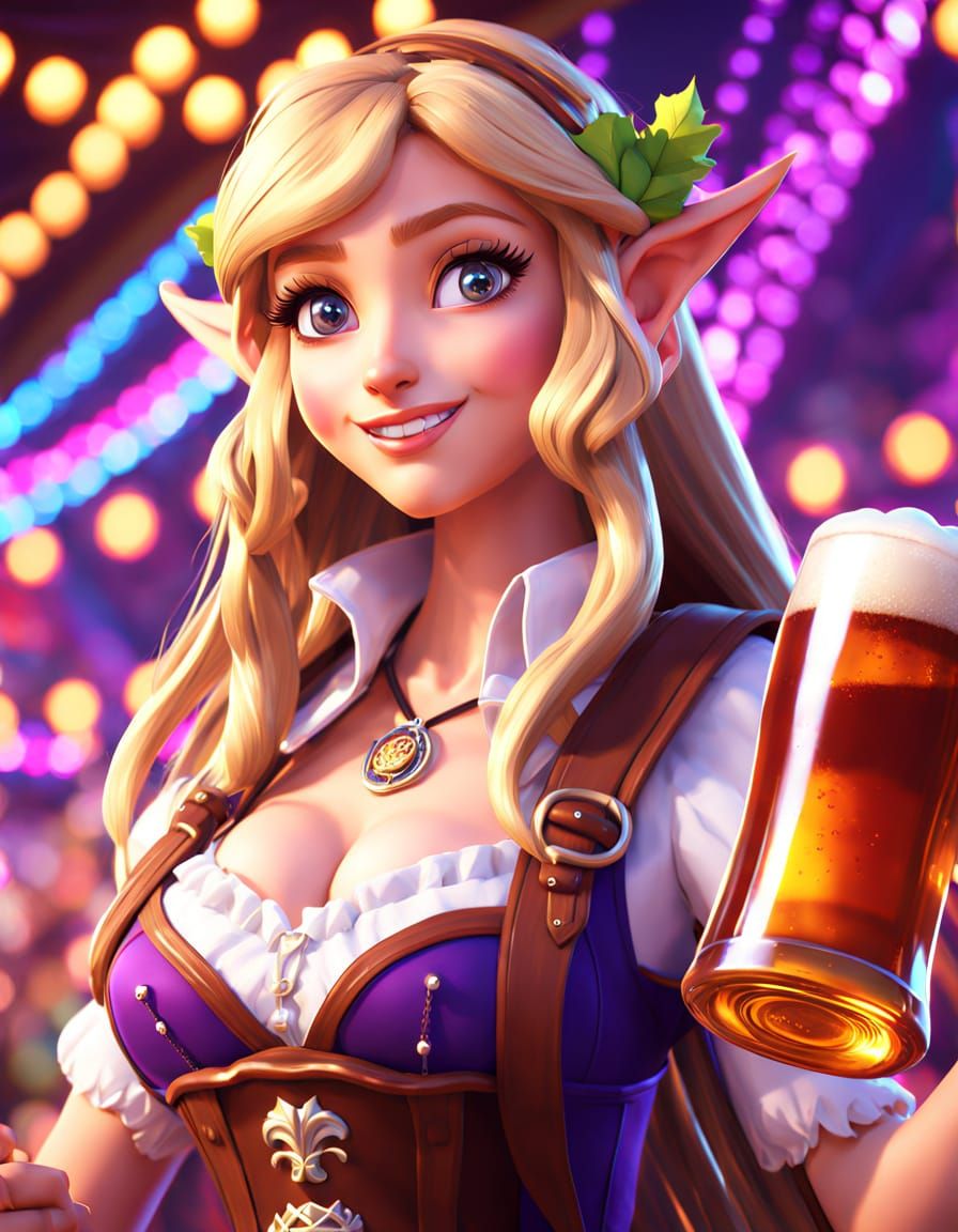 Cute Anime Elf Enjoys Oktoberfest Beer in Vibrant Festival
