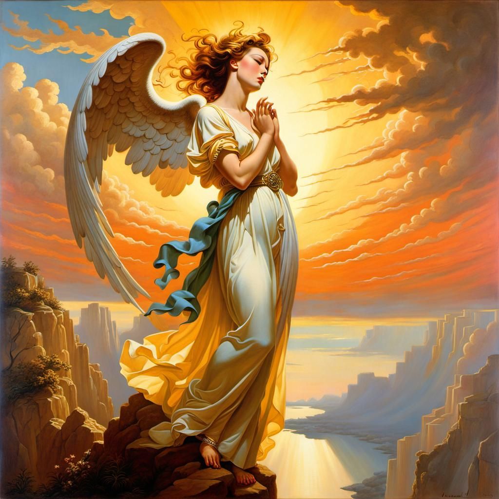 Sad Angel Crying on Cliff: Expressionist Fantasy