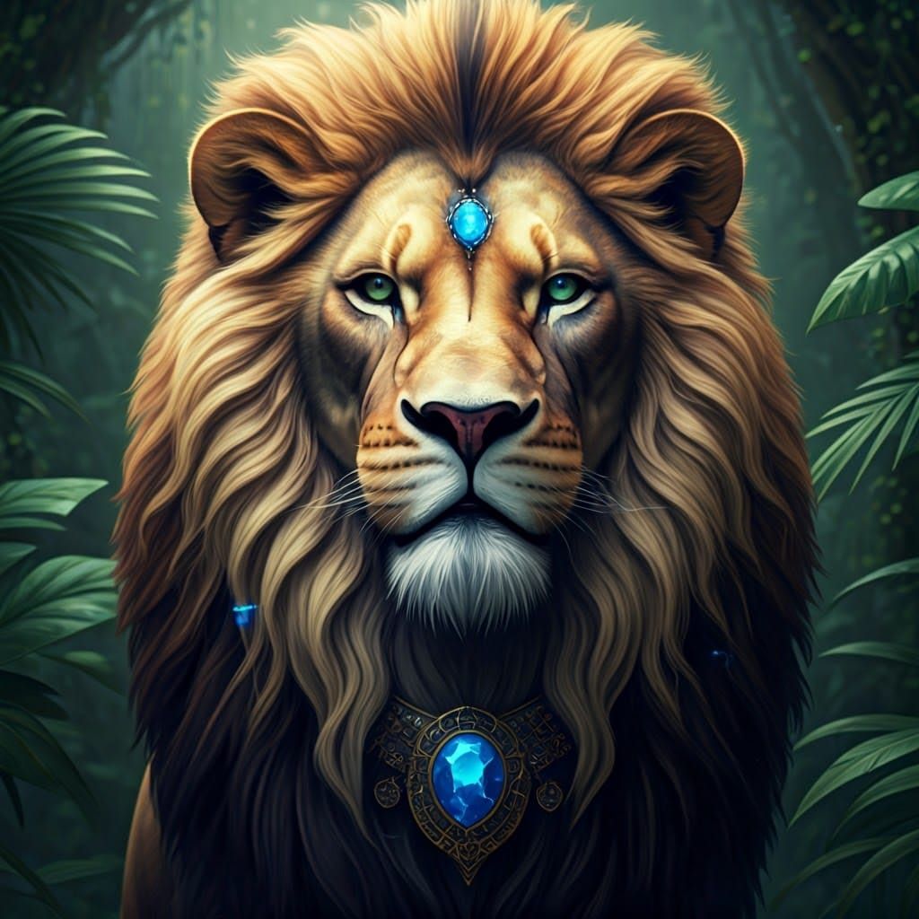 Cyberpunk Lion in Jungle with Gemstone Collar
