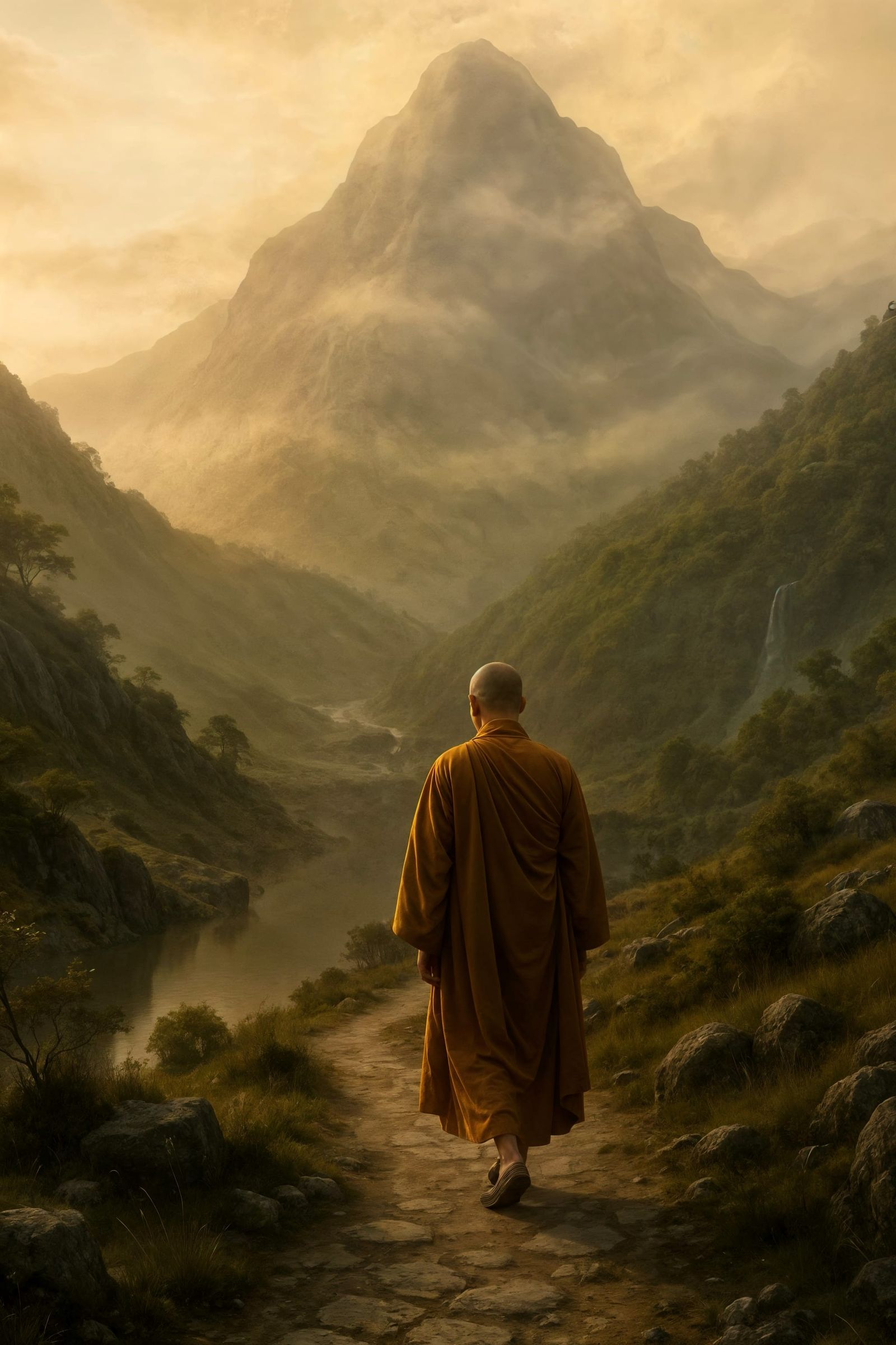 Serene Monk on Misty Mountain Path