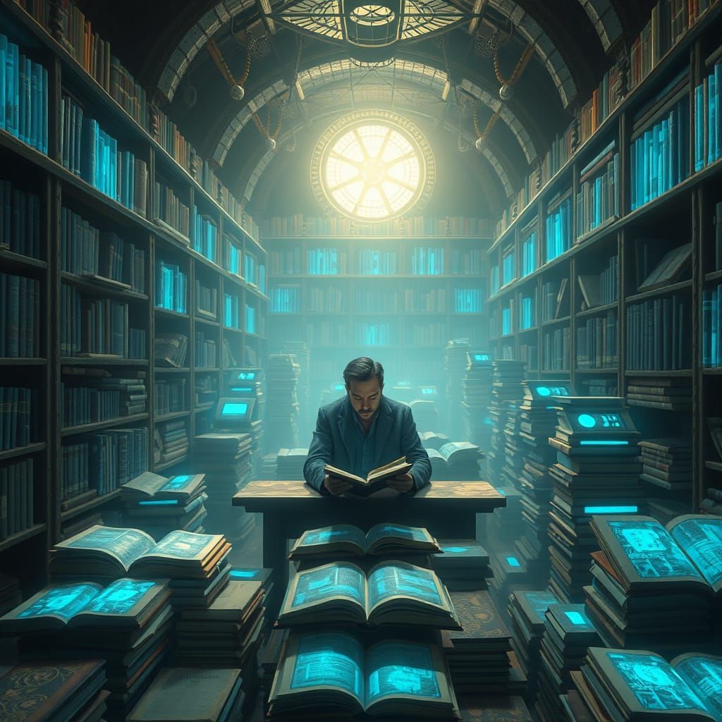 Ancient Library of Lost Knowledge in Steampunk Digital Paint...