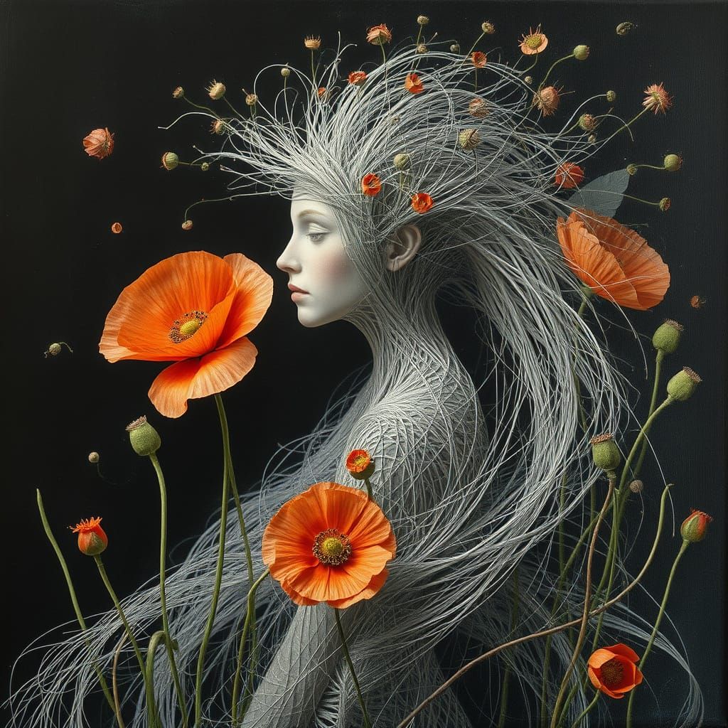 Ephemeral Woman Sculpture with Poppies