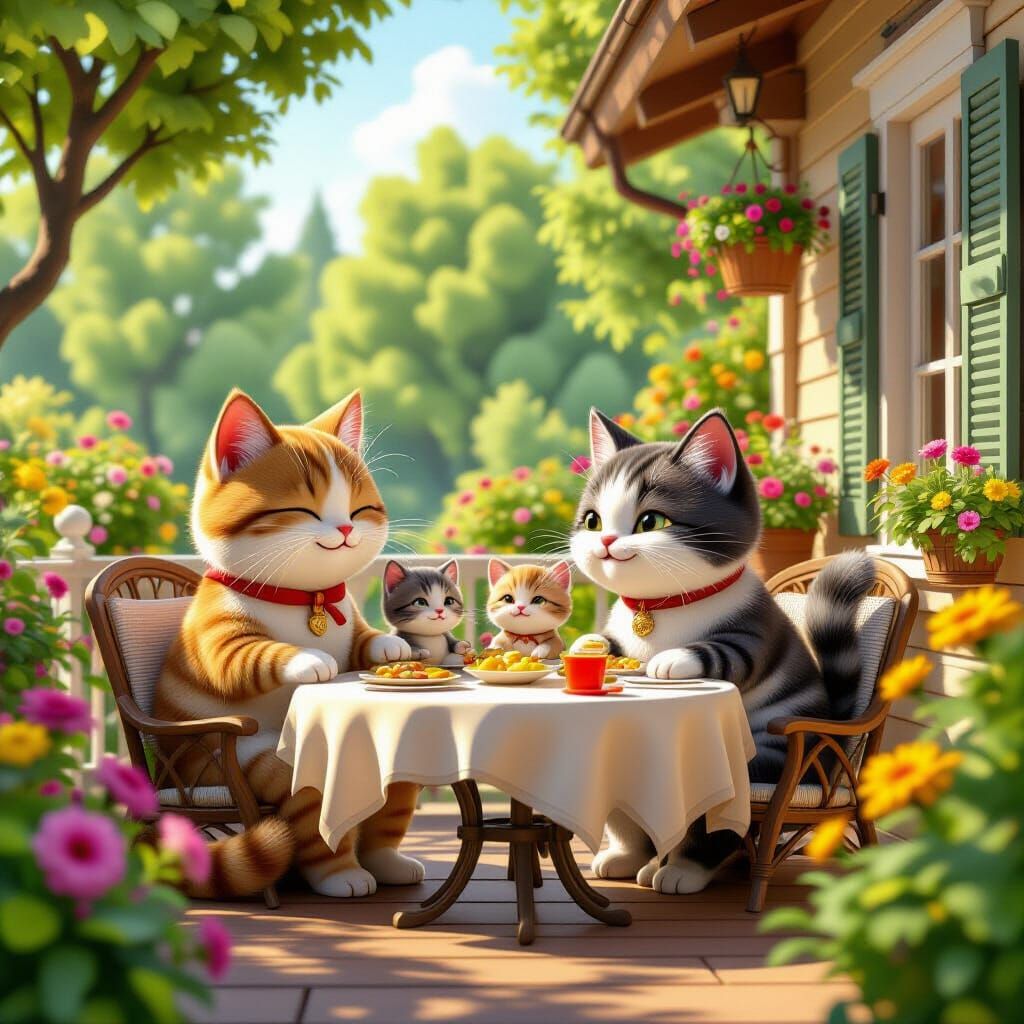 Whimsical Cat Family Dines on Cozy Cottage Veranda