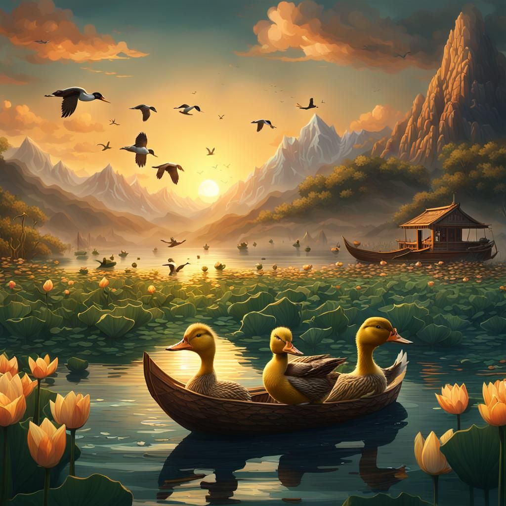 Giant Duck and Ducklings in Lotus Sea