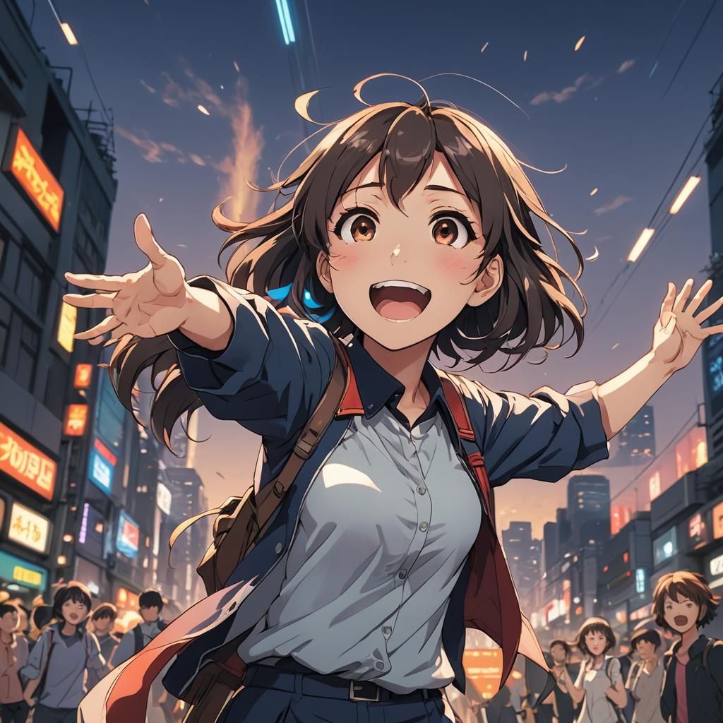 Energetic Anime Girl Waving, Cel-Shaded Style