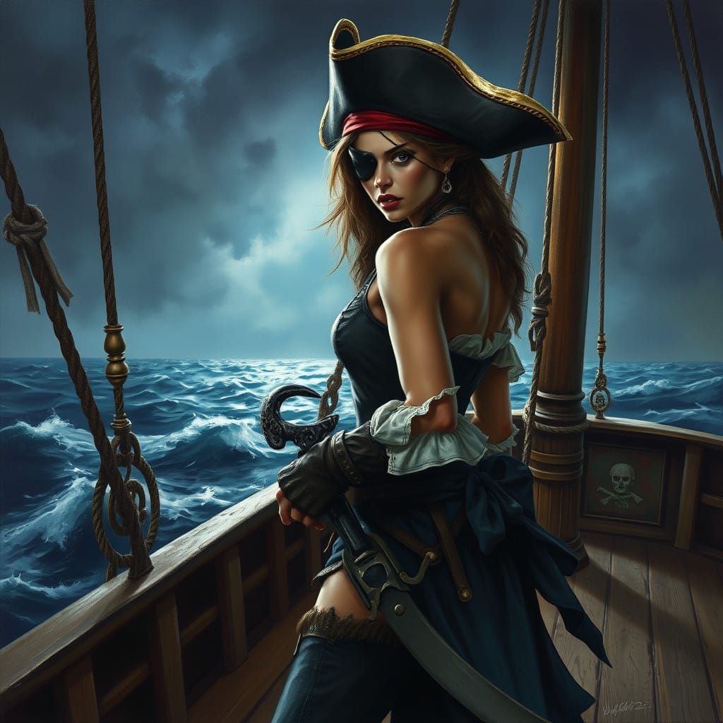 A Vicious Pirate Woman in Stormy Seas, in Realistic Oil Pain...