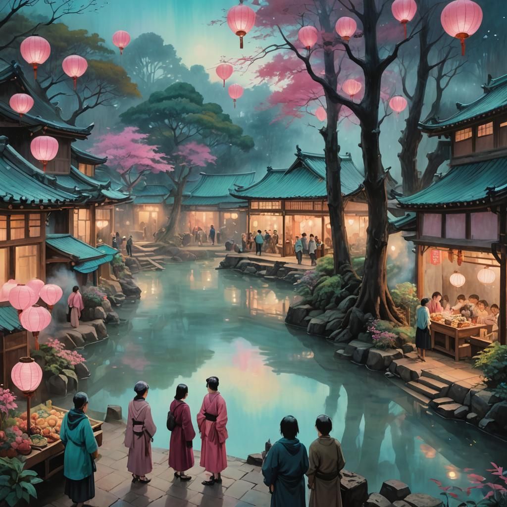Tōno Yōkai Sanctuary Marketplace: Surreal Oil Painting
