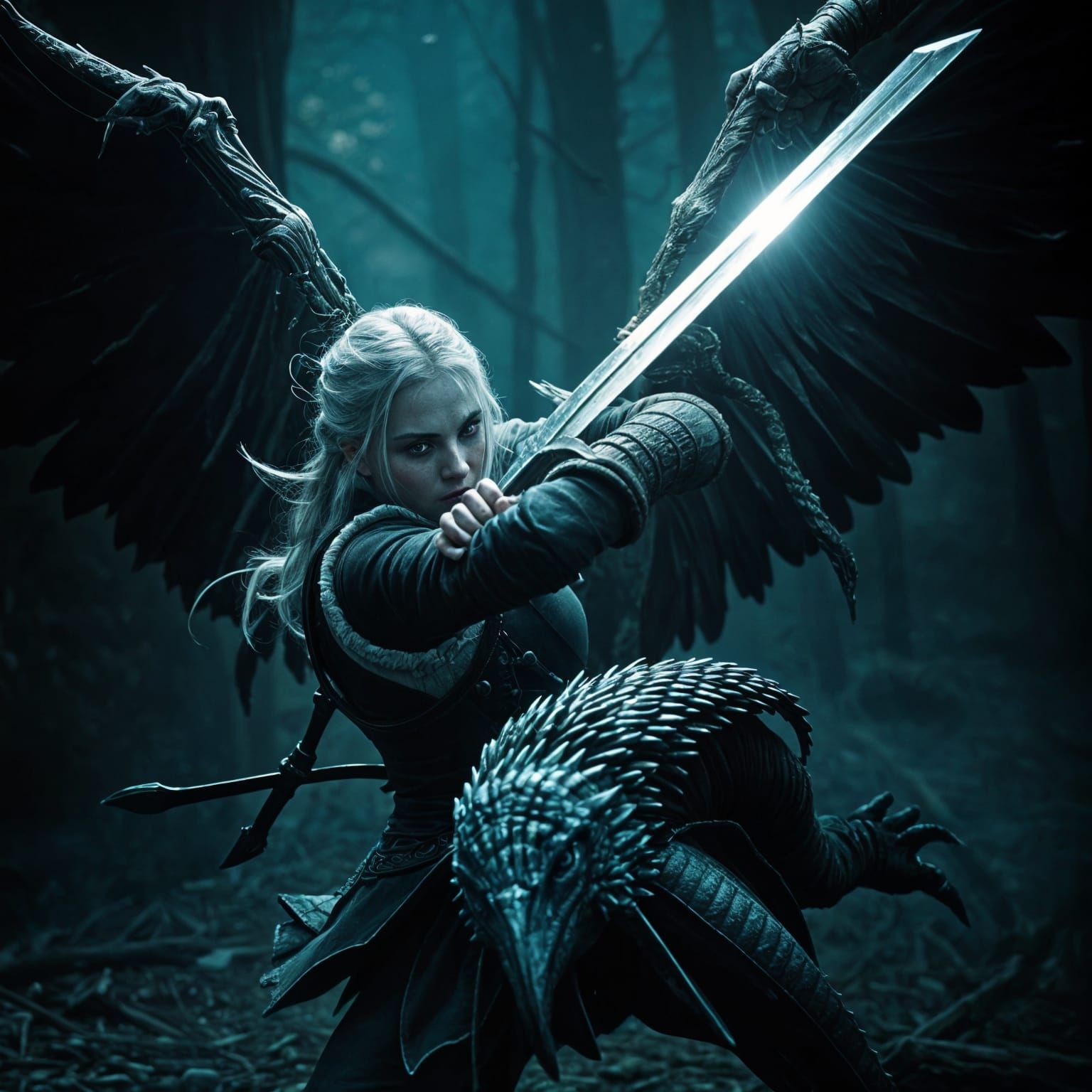 Epic Witcher: Ciri Slaying Monster in Dark Fantasy