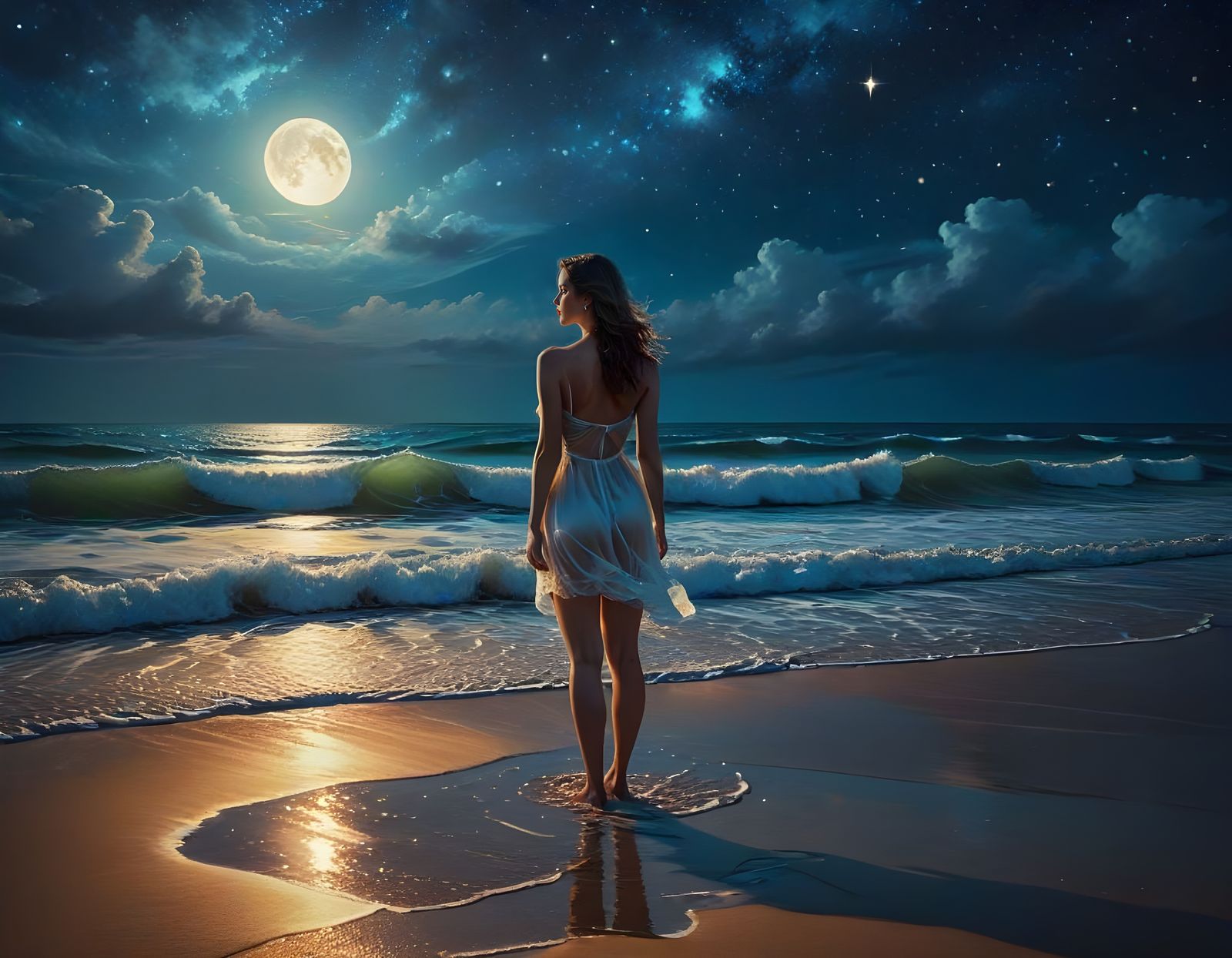 Woman on Moonlit Beach, Early 20th-Century Style