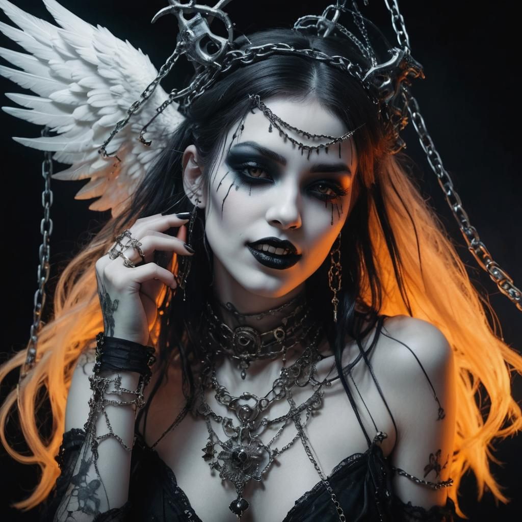 Behold, a sweet angel, a pure vampire spirit adorned with chains, studs, and piercings, embodying the gothic style, capt...