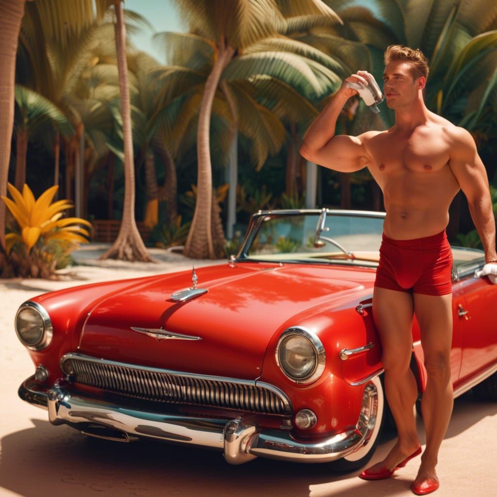 Man Washing Car in Tropical Paradise