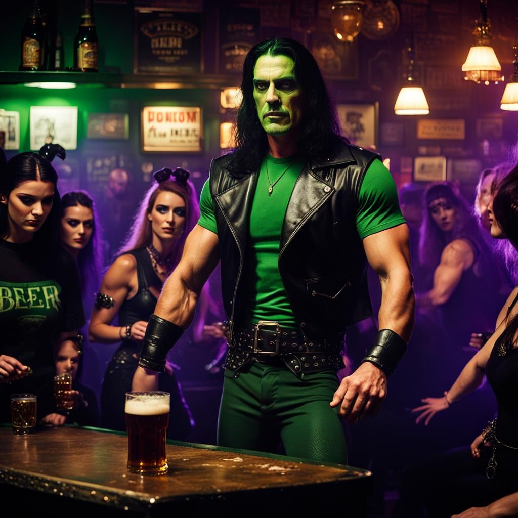 Cinematic Bar Scene with Muscular Figure and Goth Girls